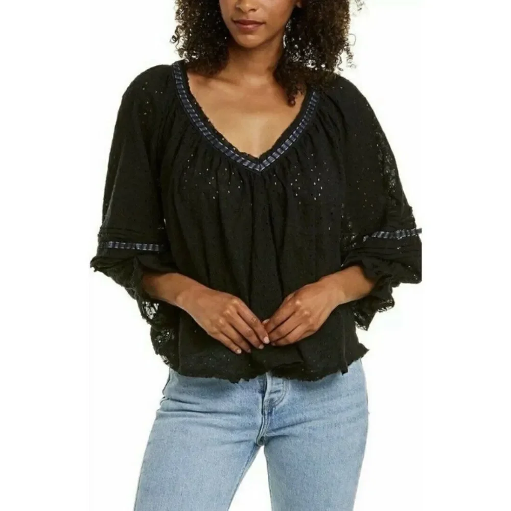 Free People Darcy Eyelet Black Blouse